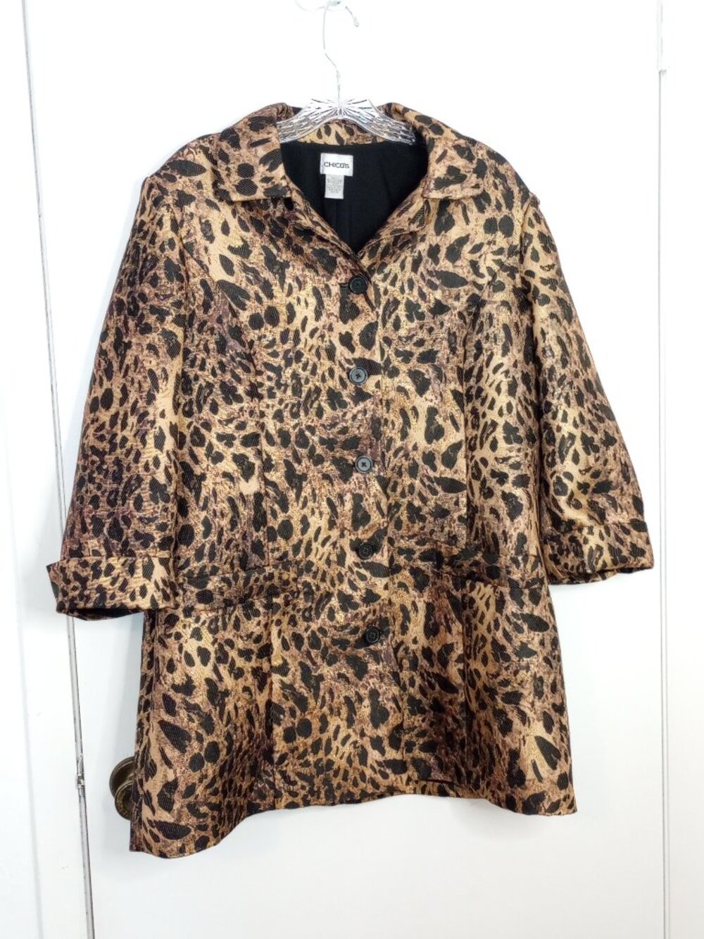 Chico's Animal Print Gold Sparkle Blazer Jacket Sz 3